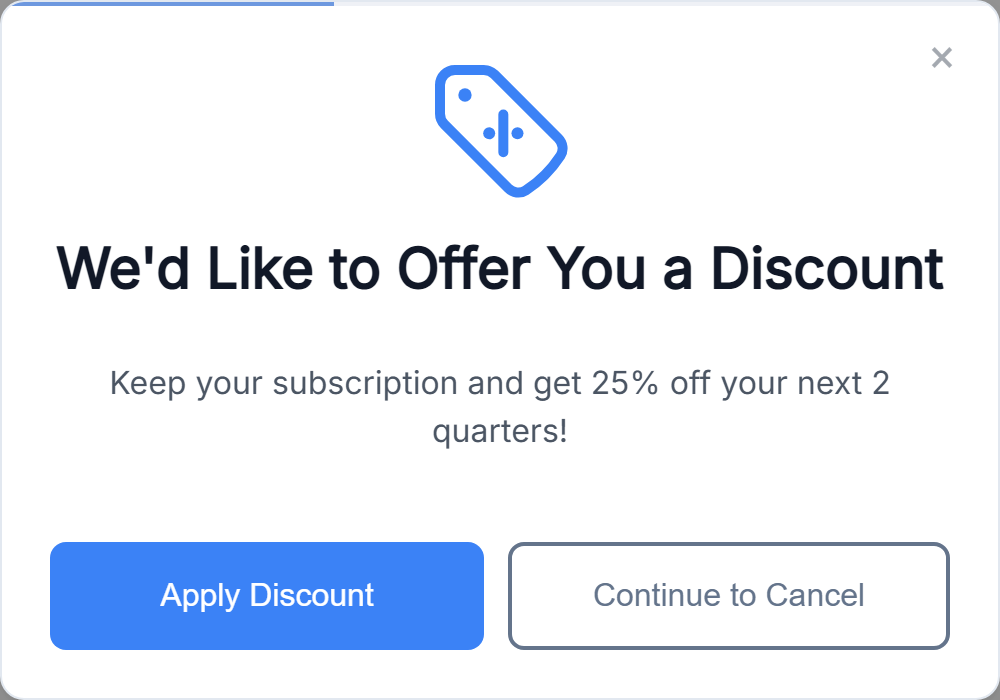 The cancel widget offering 25% off the next two quarters, with Apply Discount and Continue to Cancel buttons.